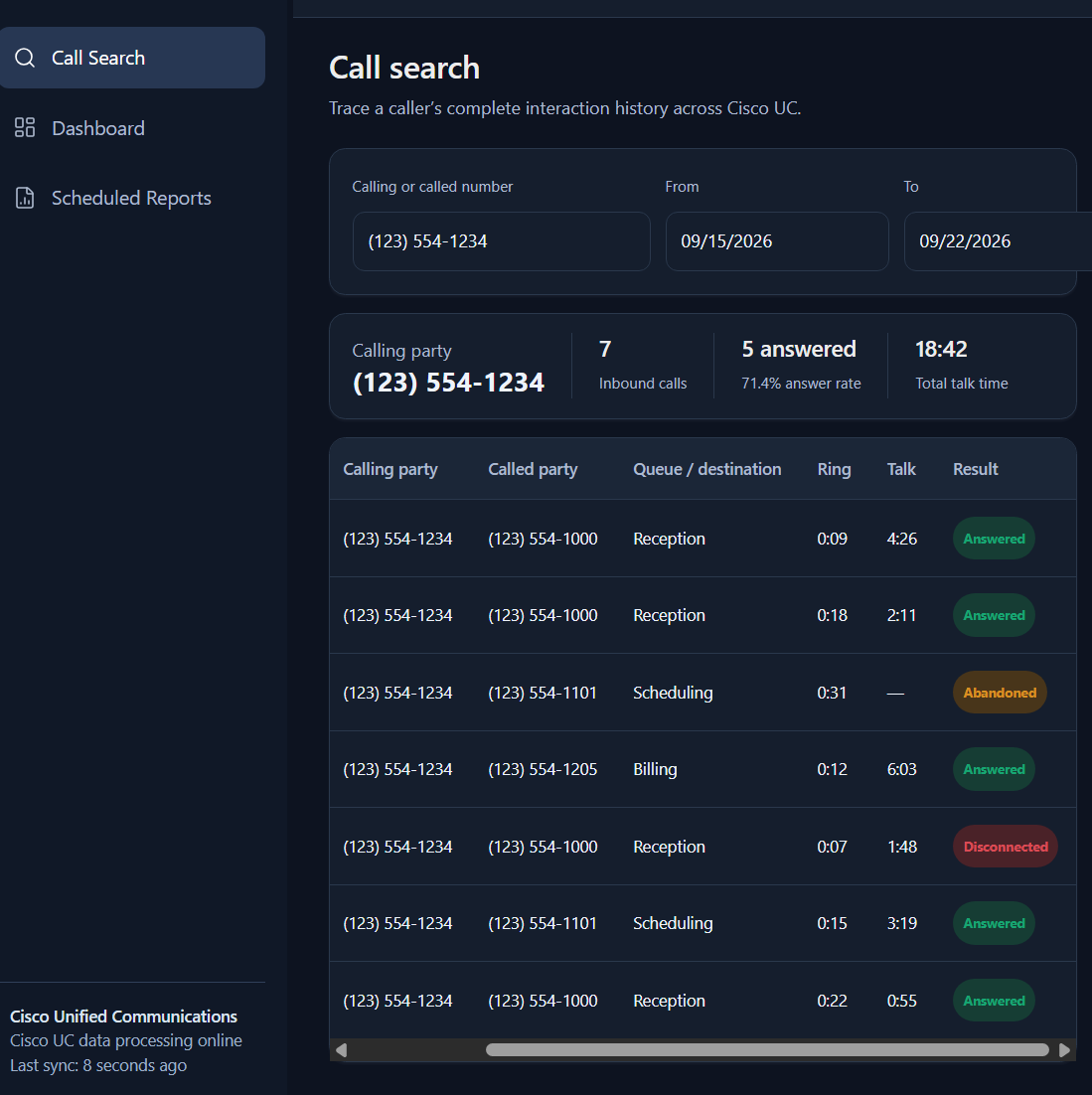 UC Navigator call search interface